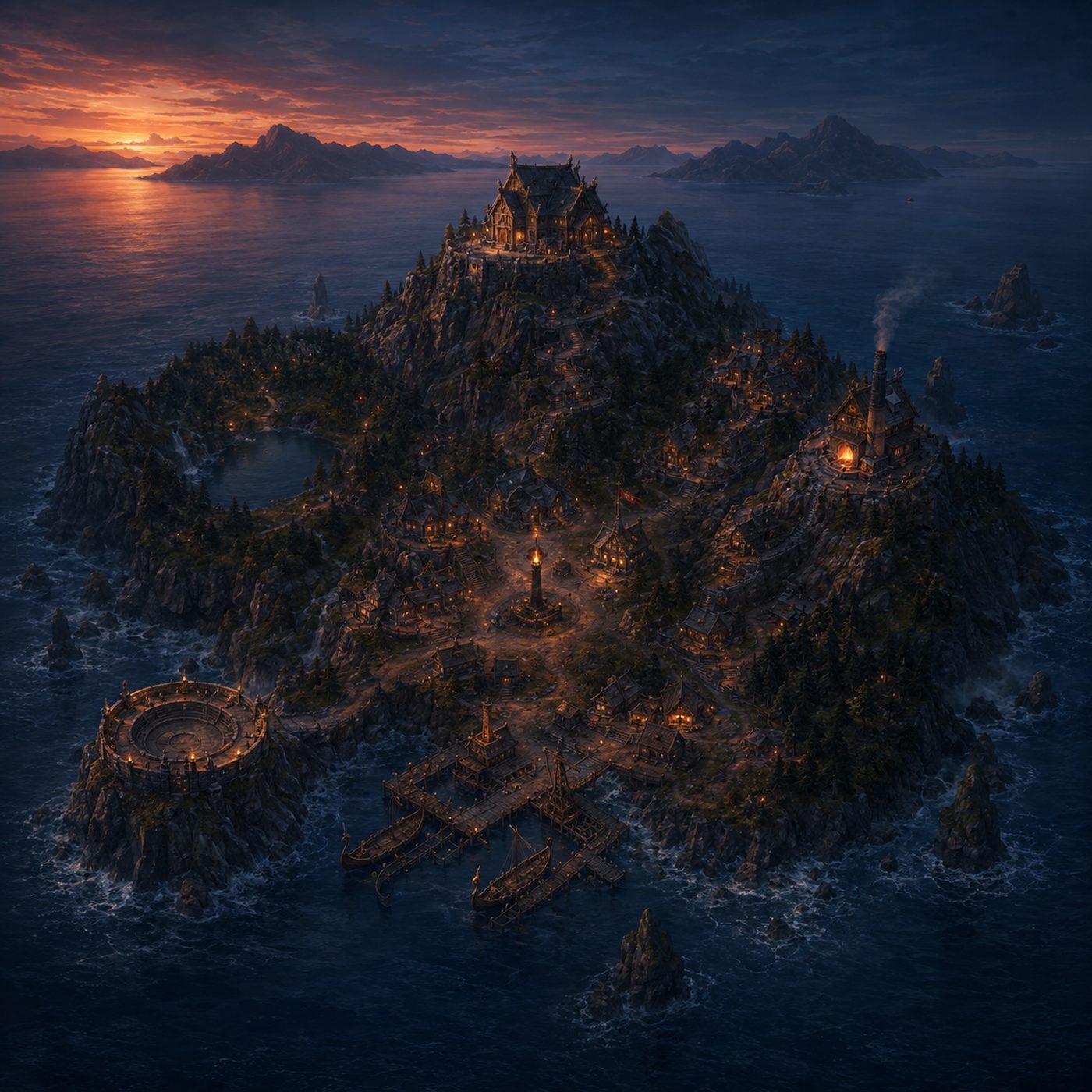 Painted aerial view of Berk island village at dusk
