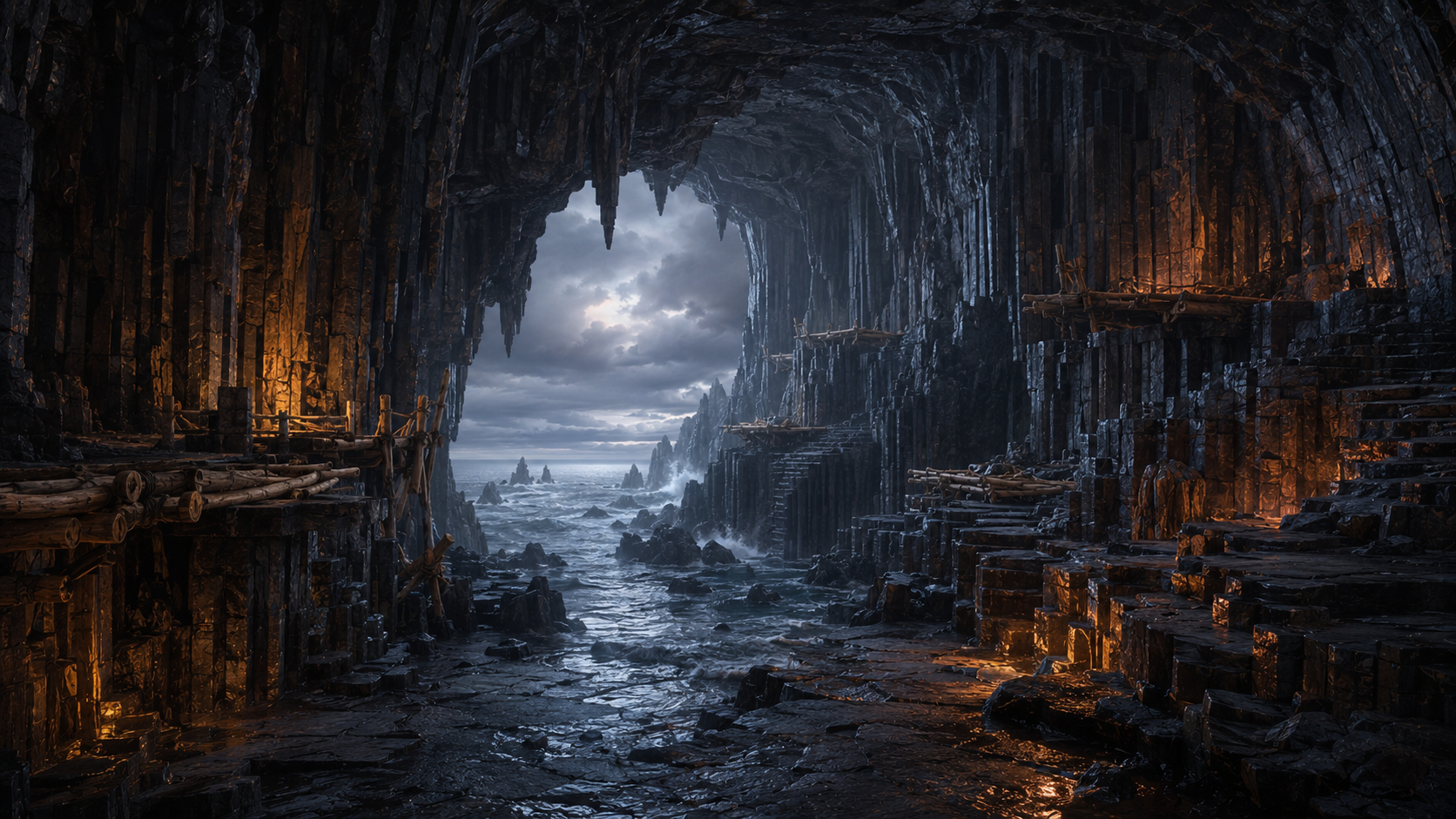 A vast dark sea cavern with basalt walls, platforms and a stormy opening to the ocean.
