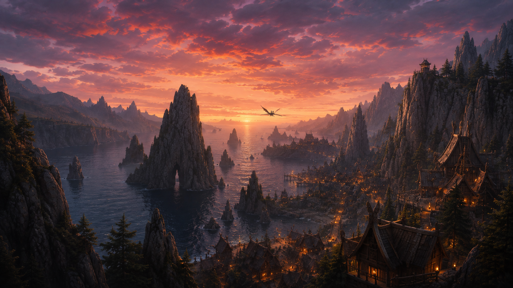 A single distant dragon glides above Berk's fjord and sharp granite sea stacks at sunset.