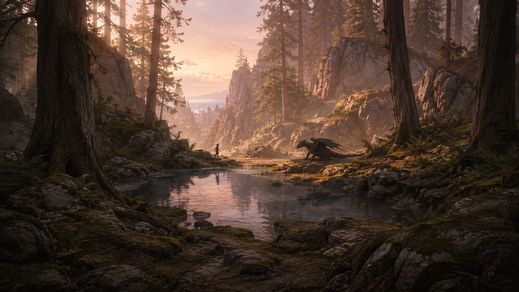 A quiet forest pool with a distant person approaching a dragon caught in a net.