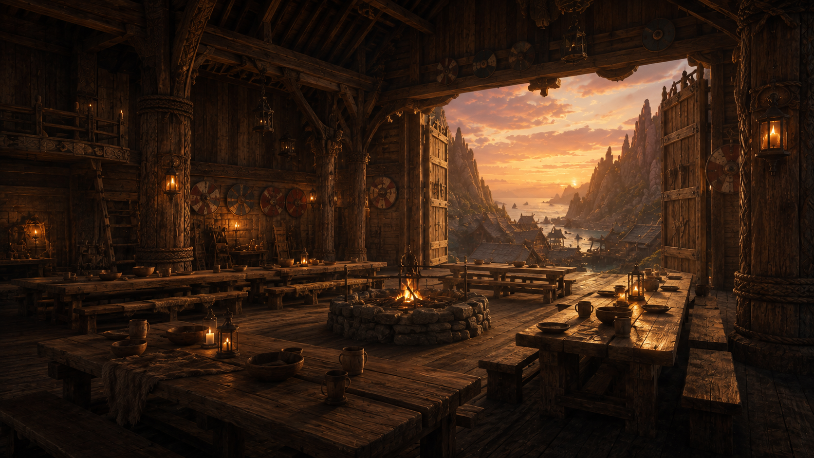 Berk's Great Hall with long communal tables, a central hearth and open doors to the fjord.