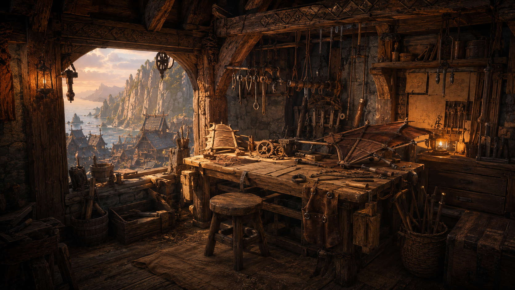 A timber workshop filled with tools and inventions, looking across Berk's fjord.