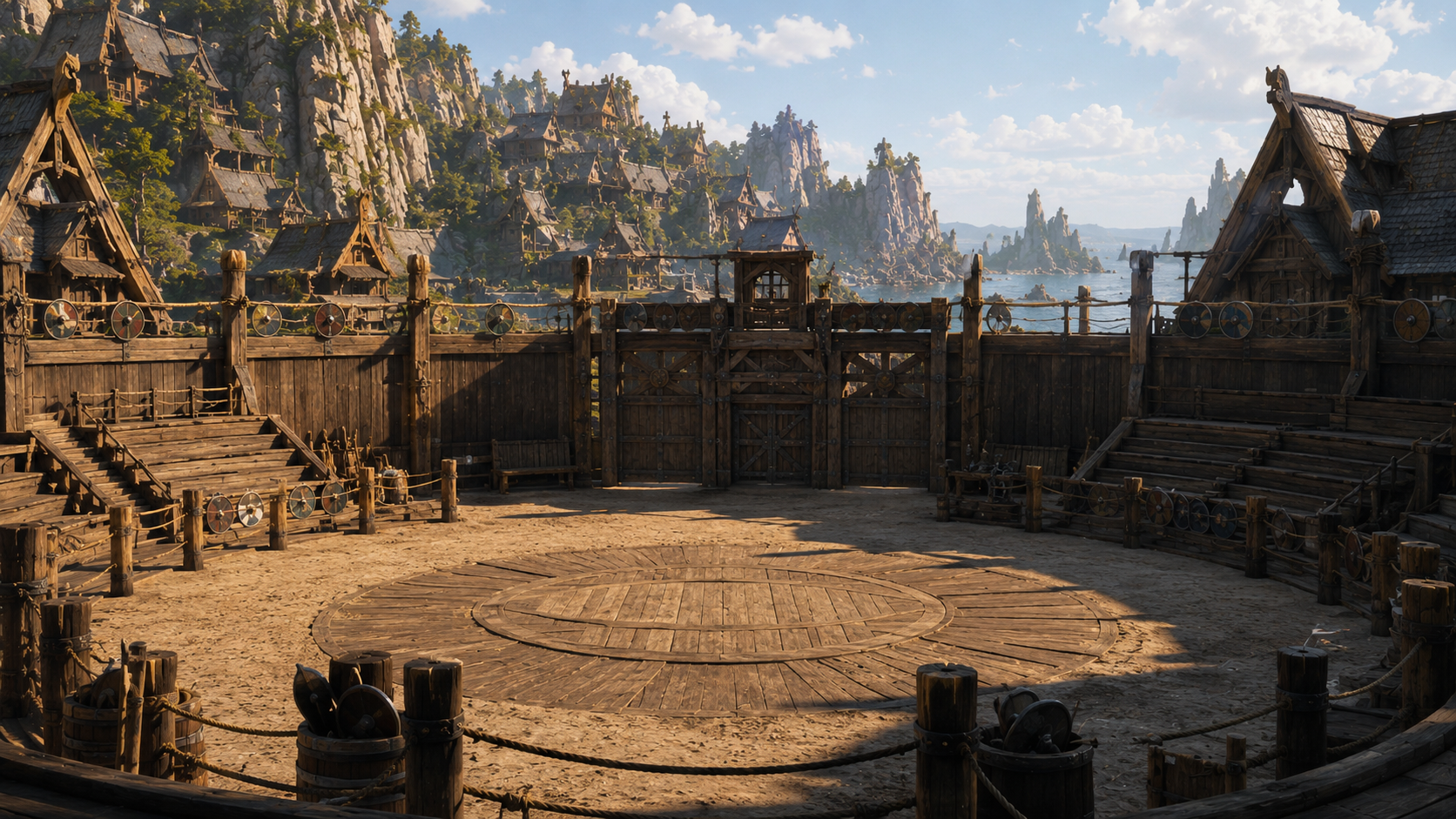 An empty timber training arena surrounded by Berk's cliffs and village roofs.