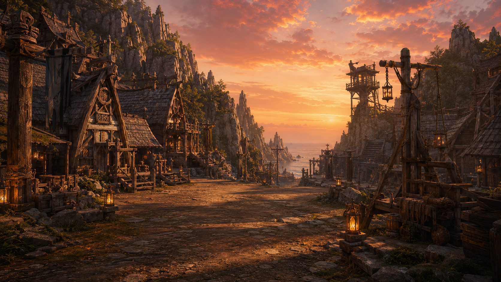 An empty village lane through timber homes and watch platforms toward Berk's fjord at sunset.