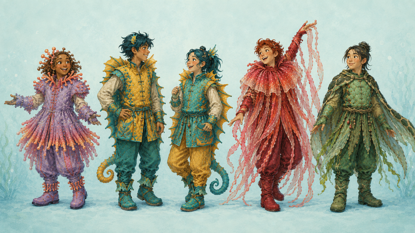 Original painted Dragon Company reference characters in anemone, reef-fish, jellyfish and sea-turtle inspired ensemble costumes.
