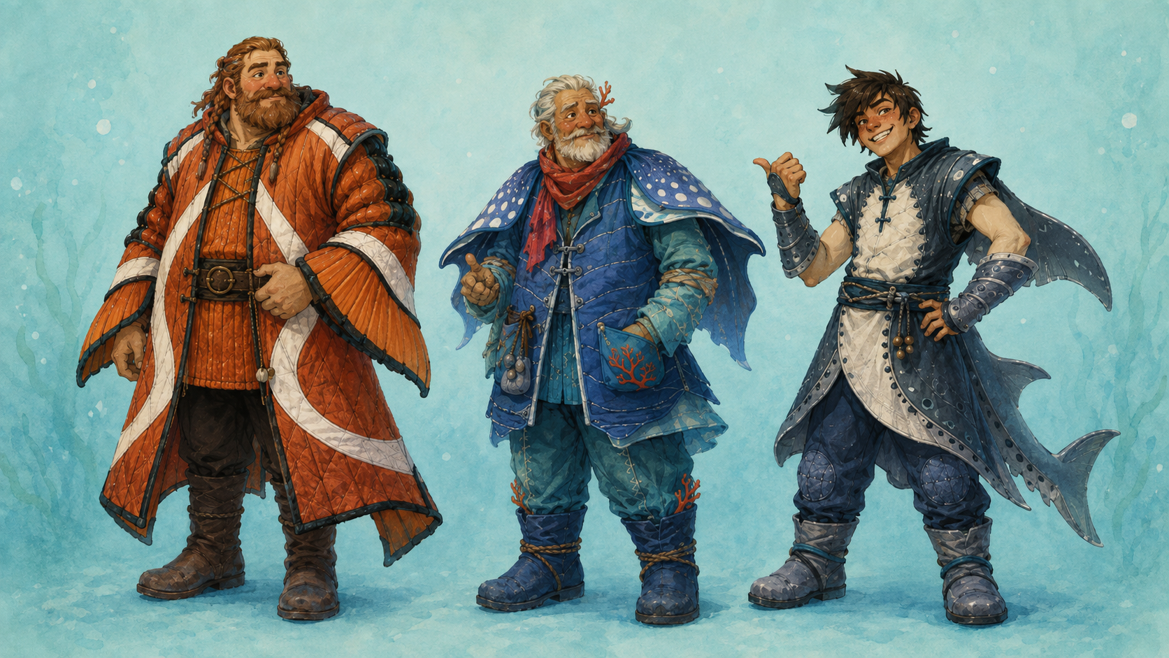 Original painted reference characters for Stoick, Gobber and Snotlout wearing clownfish traveler, reef guide and friendly shark inspired stage costumes.