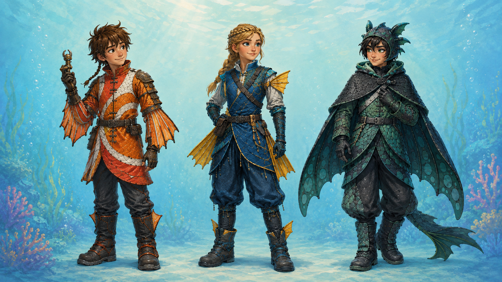Original painted reference characters for Hiccup, Astrid and Toothless wearing clownfish, blue-tang and sea-turtle inspired stage costumes.