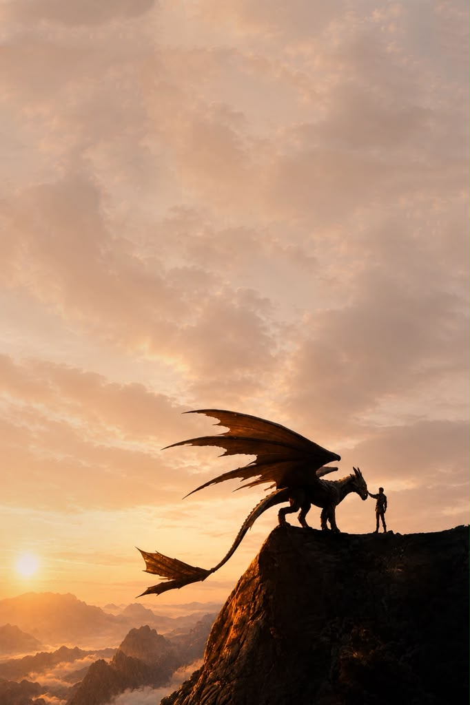 Dragon and companion silhouetted on a cliff at sunrise