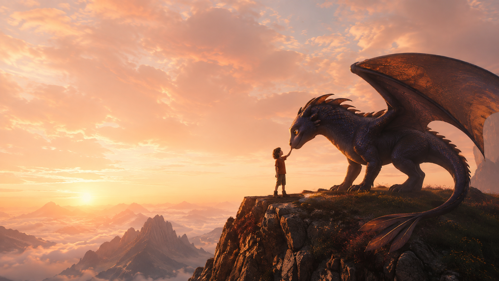 An original dark dragon and child touching hands on a rocky cliff at sunrise